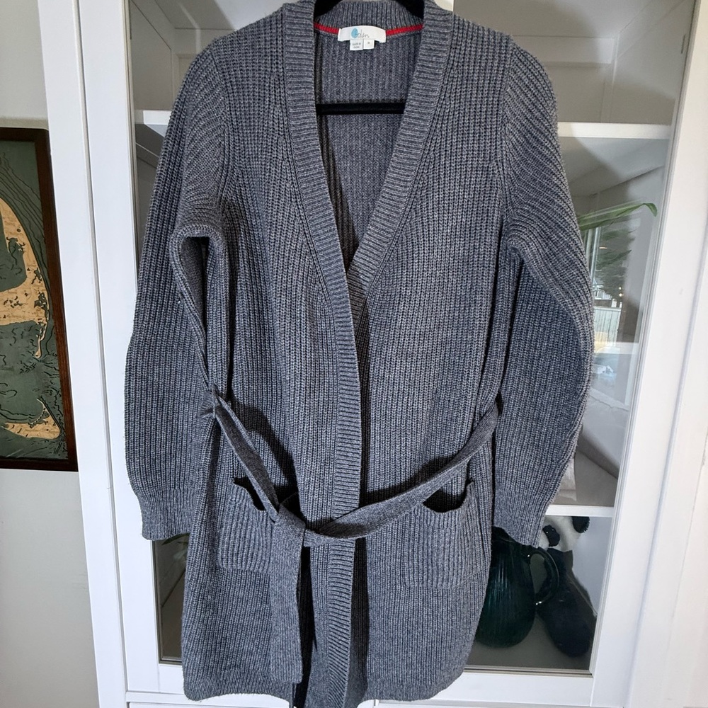 Boden Grey Ribbed Open-Front Belted Cardigan